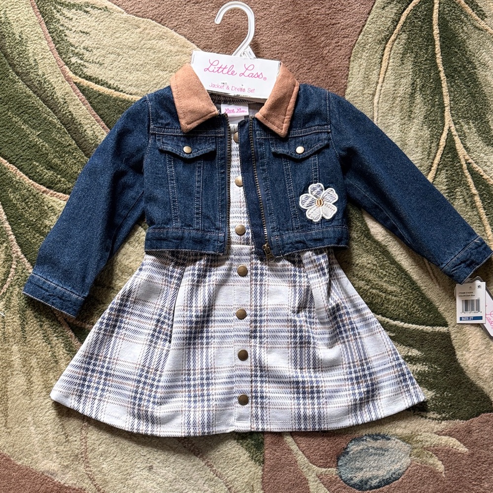 Little Lass Denim Jacket with Plaid Dress
